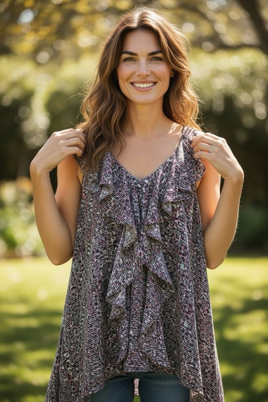 BCBGeneration Women Multicolor Abstract Ruffle Lace Back Tank Blouse Size M
